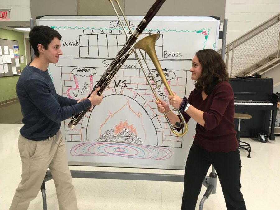 Holiday Winds student leader Emmet Rubin and Holiday Brass leader Katherine Jemian in anticipation of the annual competition.