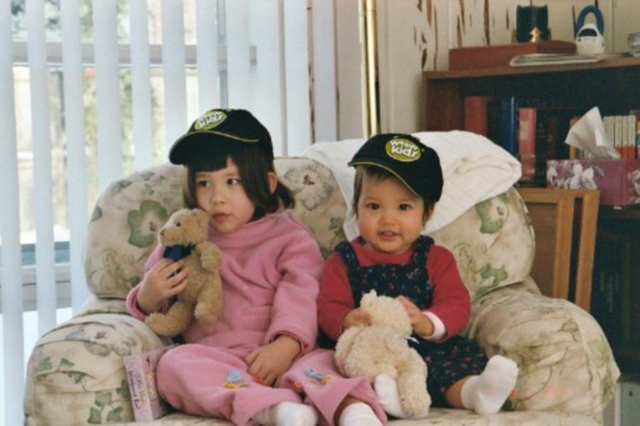 My sister Margot (right) and I with Mr. Buffles and Mr. Bear, our respective stuffed animals.