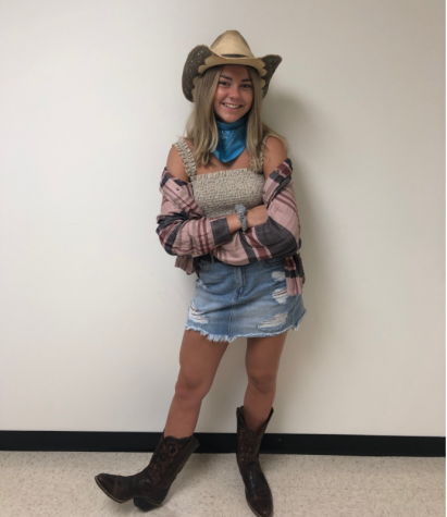 denim skirt and cowgirl boots