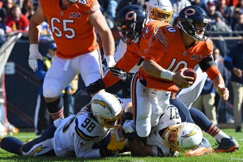 QB Mitch Trubisky avoids a sack against the Los Angeles Chargers.