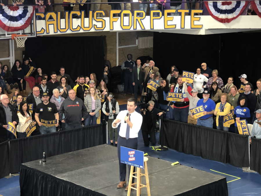 Former South Bend Mayor Pete Buttigieg addresses a rally in Dubuque, Iowa. The crowd was energized but mostly on the older side.