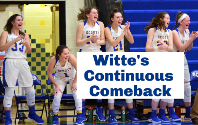 Olivia Witte (far left, #33) celebrates with her teammates during a game last season. (Graphic created by Rory Summerville)