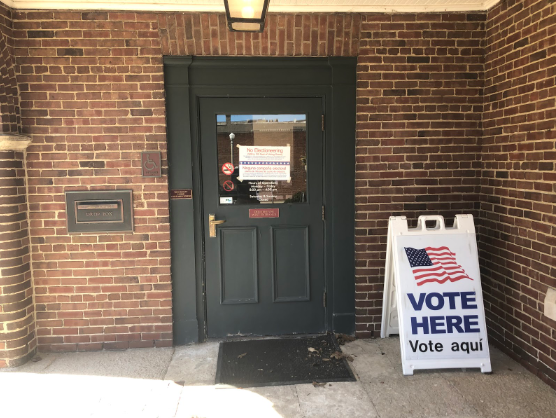 The entrance to Lake Forest City Hall, one of the local polling places that is currently hosting early voting for presidential primaries.