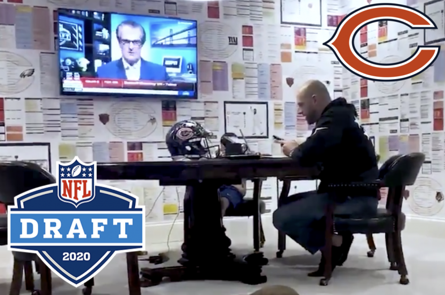 Head Coach Matt Nagy makes phone calls to the Chicago Bears drafted players from his quarantine draft room at his home in Lake Bluff.