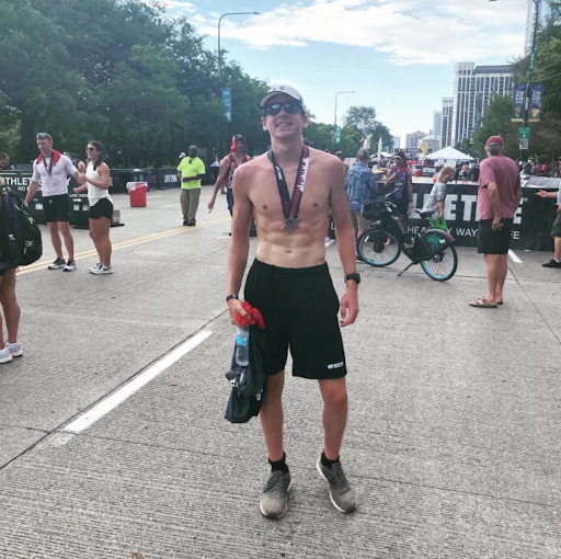 Senior Andrew Terkildsen after completing a triathlon in August. He finished second for his age group.  