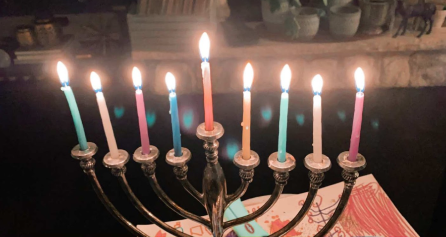 My familys menorah, lit for all eight nights of Hanukkah. 
