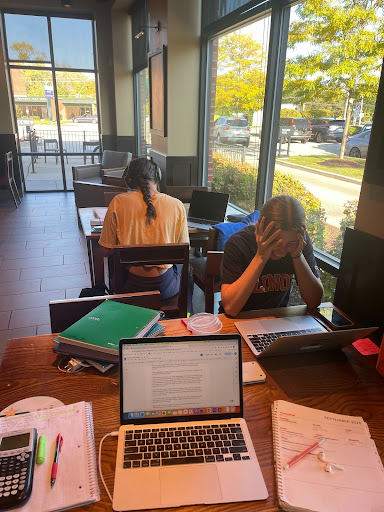 Seniors Ameena Alsikafi and Paige Gibbons studying for hours over the weekend.