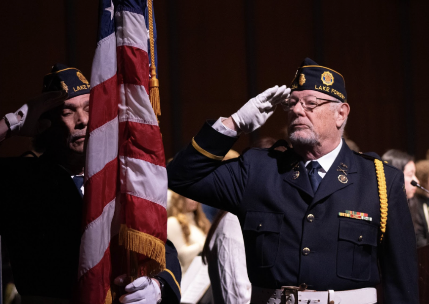 On+Friday%2C+Nov.+10%2C+students%2C+staff%2C+community+members%2C+and+veterans+gathered+in+the+Raymond+Moore+Auditorium+to+watch+a+program+honoring+US+service+members.