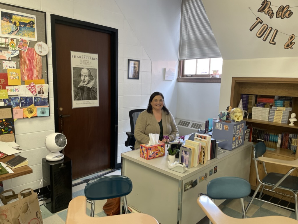 Jane Eccleston, an AP Literature teacher at LFHS, sitting at her desk. 
Photo taken by Chloe York 