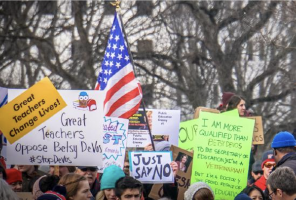 Protests on education in the United States. 
Fair use - Photo Courtesy of Libre Texts.