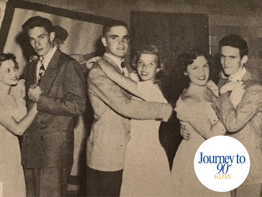 1950's Homecoming Queen Lenore Crowley (center) with her date, attendants, and their dates. From the LFHS 1950 Yearbook.