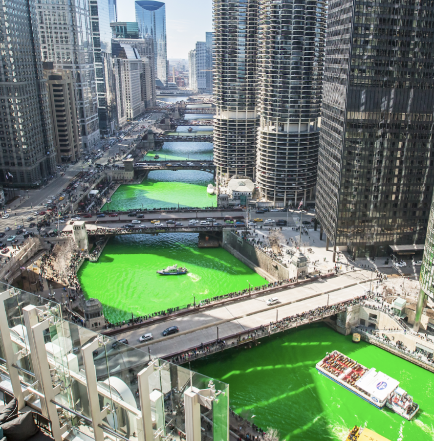 Chicago river dyed green. Photo from Wikimedia Commons.