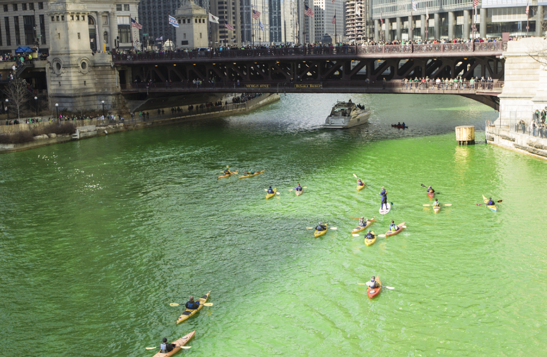 Chicago River dyed green. Photo from Wikimedia commons.