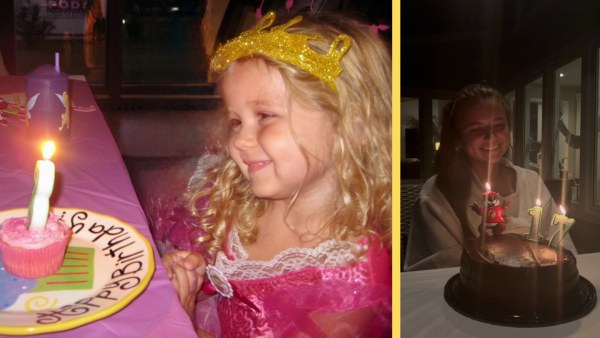 Kylie at her 3rd birthday party (left) and at her 17th birthday party (right). Photo courtesy of Kylie Daum.
